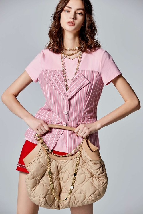 Pinstripe Mix Material Short Sleeve Pink Top,Stripe