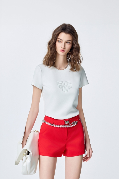 Pearl Applique Heart Logo Short Sleeve Tee,White tops,White tops