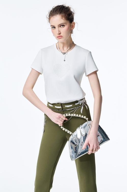 Pearl Applique Heart Logo Short Sleeve Tee,White tops,White tops