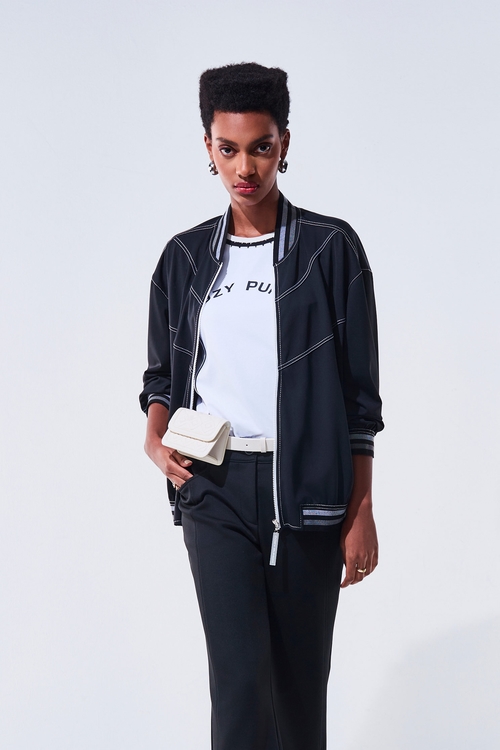 Ribbed Trim Collar Baseball Jacket,Season (AW) Look