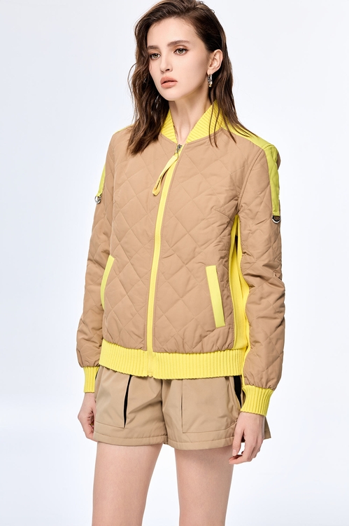 Tea Stain Color Quilted Warm Jacket,Long sleeve outerwear