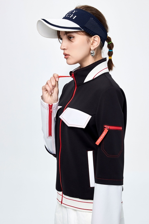 Color-Blocked Biker Style Jacket,Long sleeve outerwear