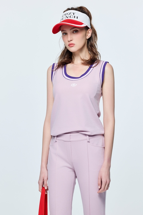 Makeup Pink Color-blocking Ribbed Neck Vest,sleeveless tops,sleeveless tops,Sleeveless tops,sleeveless tops