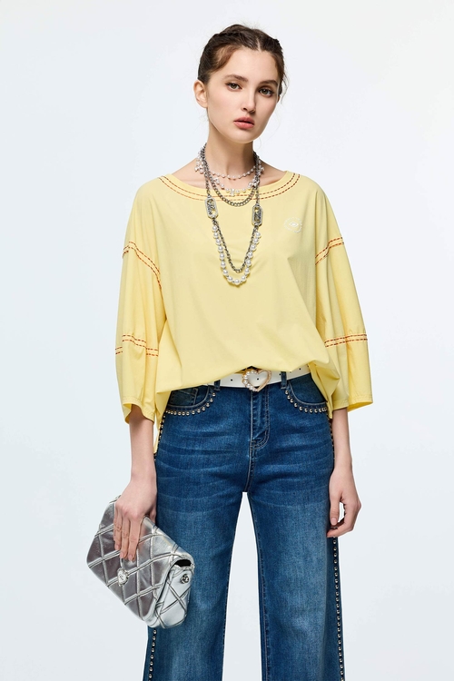 Contrast Stitch Detail High Performance Collagen Top,Tops