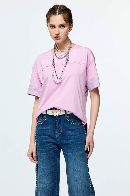 Contrast Stitch Detail Moisture Wicking Collagen T-Shirt,Tops