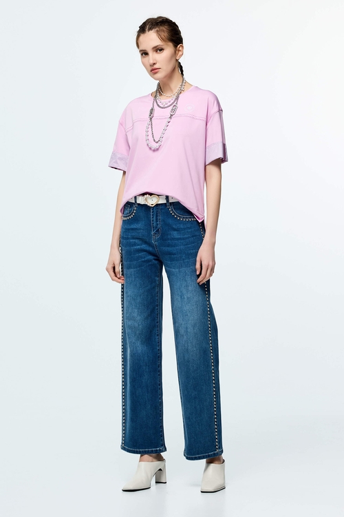 Contrast Stitch Detail Moisture Wicking Collagen T-Shirt,Tops