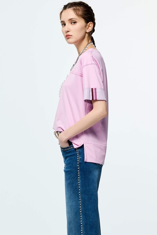 Contrast Stitch Detail Moisture Wicking Collagen T-Shirt,Tops