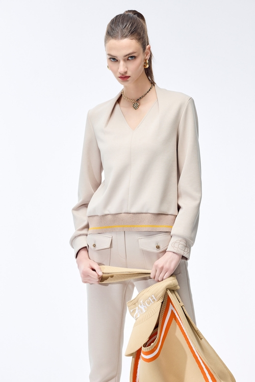 Light Wood Color Long Sleeve Top,V-Neck T shirts