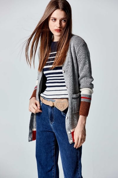 V-neck Colour Block Knit Cardigan