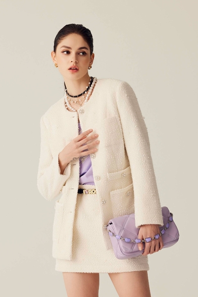 Mid Length Cream Colour Pearl Jacket