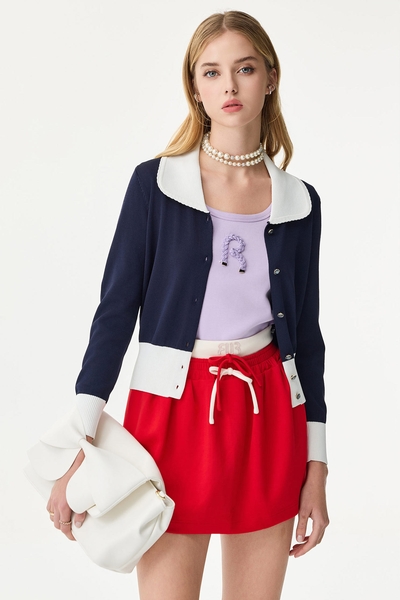 Navy Knit Cardigan With White Contrast Detail