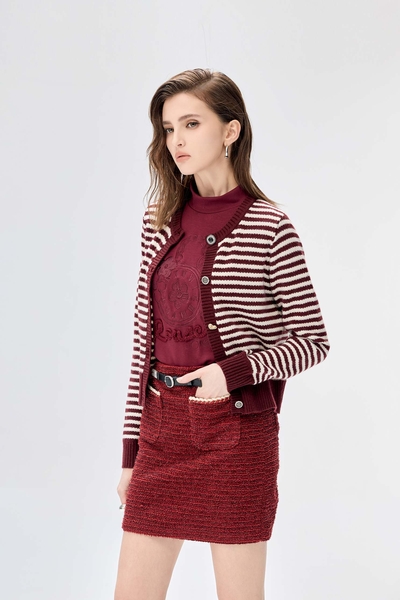 Wine Red Stripe Knit Cardigan