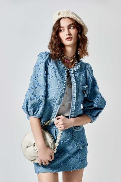 Diamond Ruffle Pattern Detail Denim Jacket