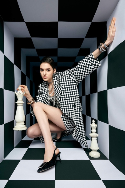 R Logo Checkered Trench Coat