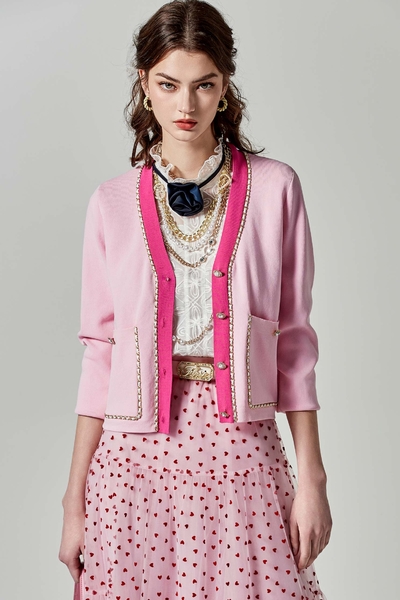 V-neck Pink Cardigan With Braided Trim Detail