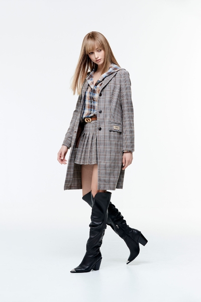 Plaid Knee Length Button Front Blazer