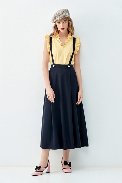 Mid Waist Long Suspender Skirt