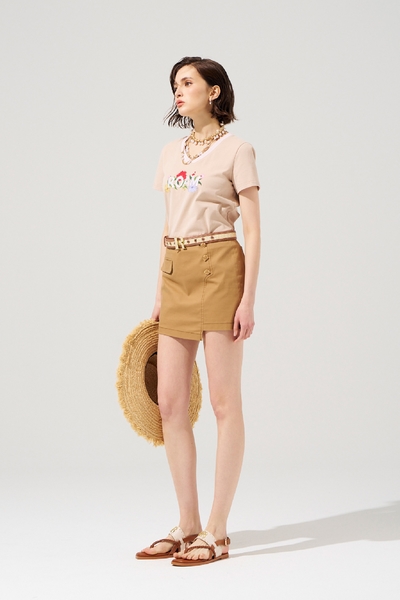 Asymmetric Hem Caramel Mini Skirt
