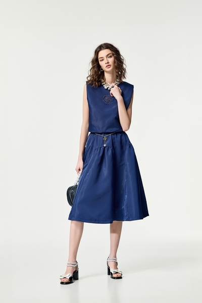 Navy Midi Puff Skirt