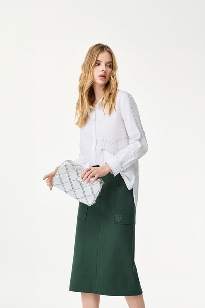 Patch Pockets Green Pencil Skirt
