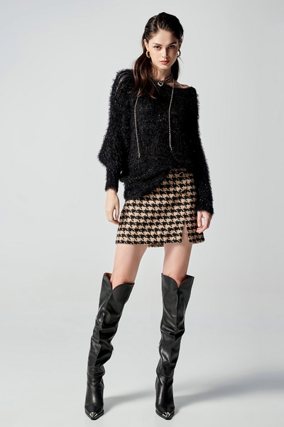 Houndstooth Print Tweed Skirt