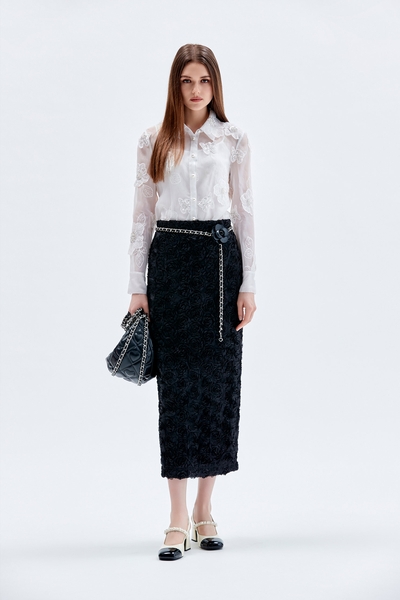 3-D Floral Midi Pencil Skirt