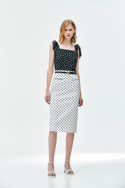 Polka Dot Pencil Skirt With Patch Pockets