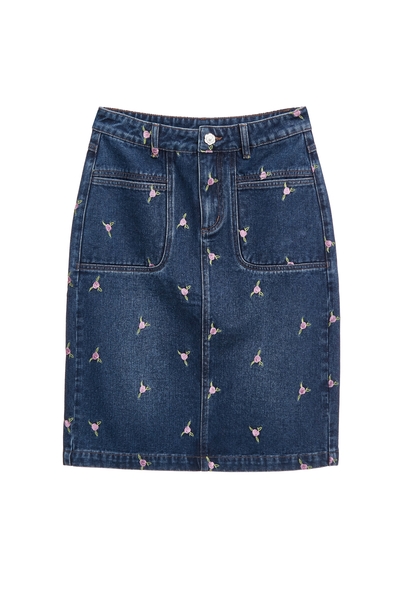 Rose Embroidery Denim Pencil Skirt