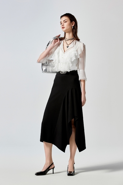 Asymmetric Midi Black Skirt