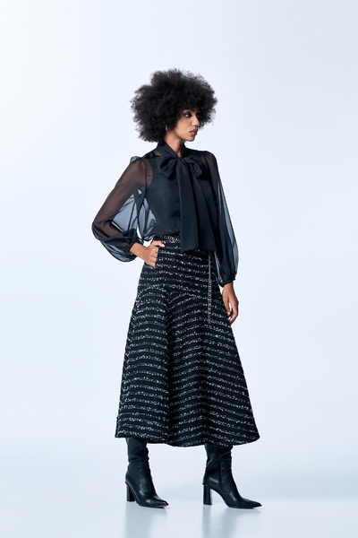 Contrast Fray Trim Maxi Tweed Skirt