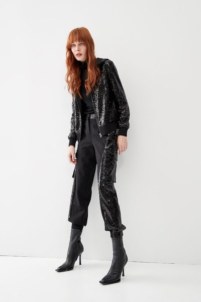 Black Jogger Pants With Panel Sequins