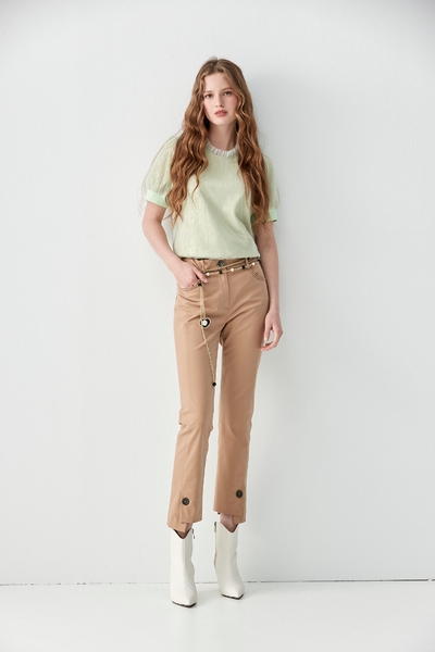 Mid Waist Khaki Pants With Asymmetric Hem