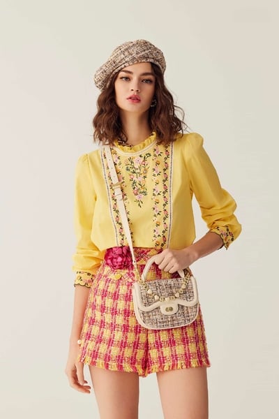 Yellow Red Checkered Tweed Shorts