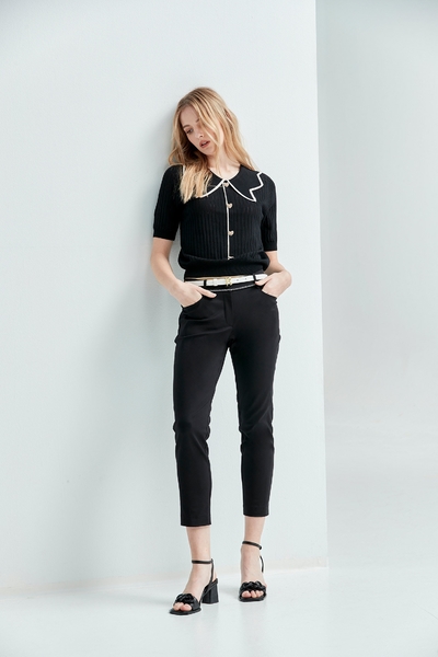 Slim Fit Basic Black Pants With Contrast Stitching Detail