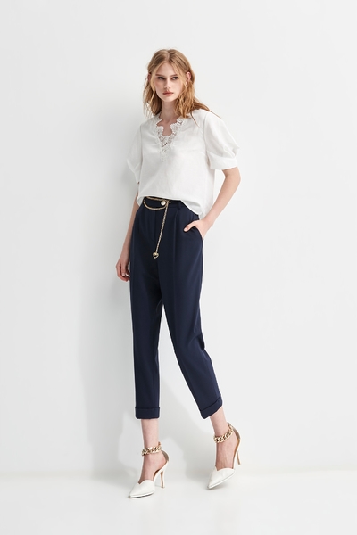 Navy Pleat Front Cuff Pants