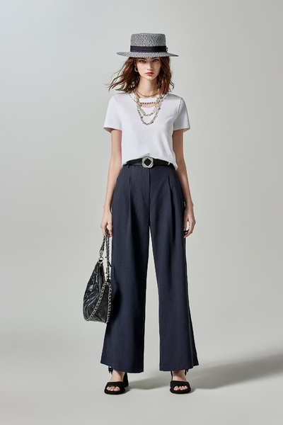 Wide Leg Linen Navy Pants