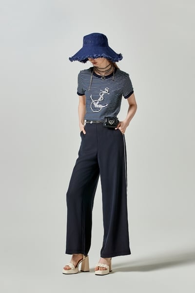 Wide Leg Navy Pants With Contrast Trim Detail