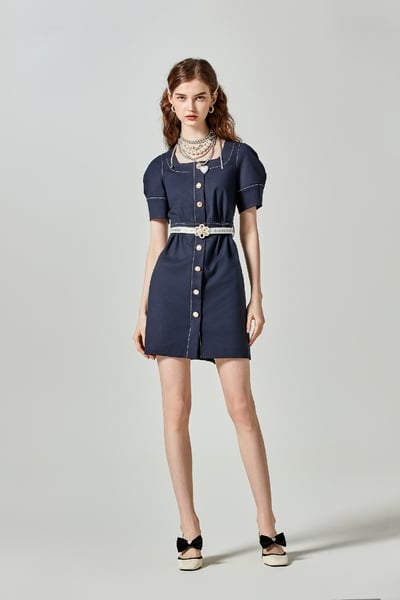 Short Sleeve Navy Dress With Stitching Detail