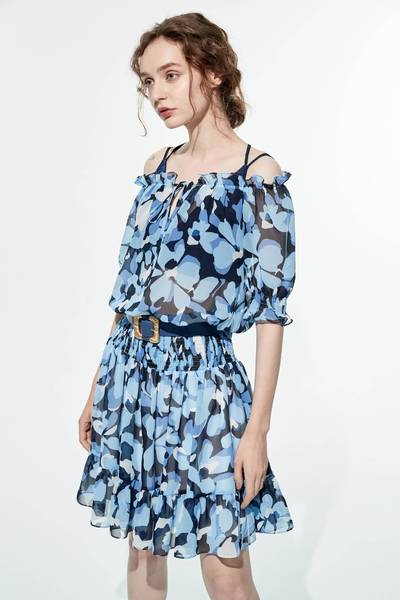 Blue Floral Print Elastc Rib Short Dress