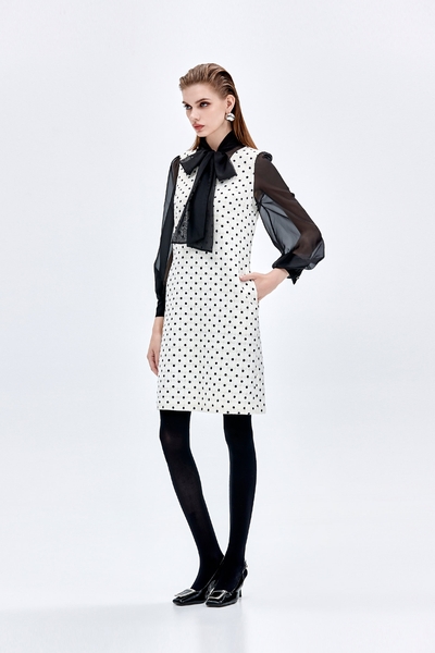 Retro Polka Dot Dress With Bow Collar