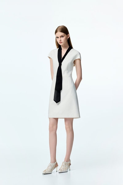 Contrast Black Scarf Short Sleeve Dress