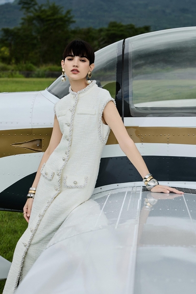 Off White Tweed Dress With Pearl Detail