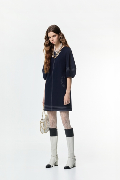 Contrast Stitching Detail Navy Dress