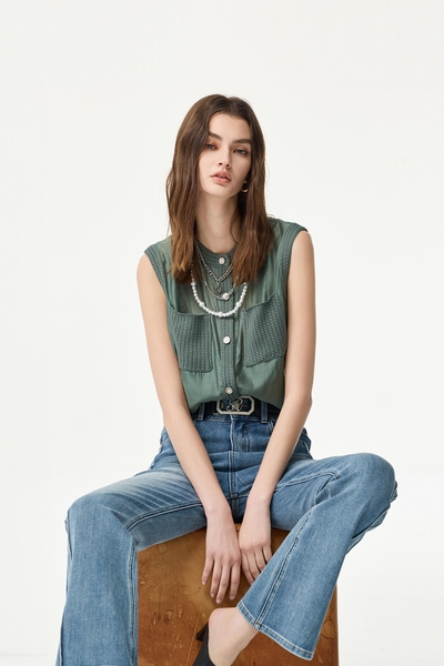 Button Front Rib Trim Detail Vest