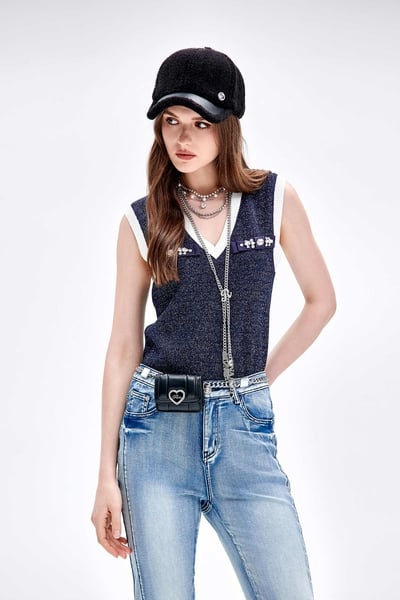 V-neck Contrast Trim Detail Navy Vest