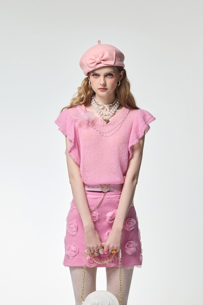 Ruffle Detail Pink Knit Vest