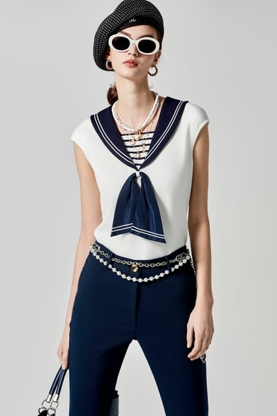 Contrast Sailor Collar Cap Sleeve Top