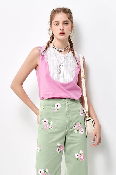 Pink Vest with Contrast Embroidery Floral Collar