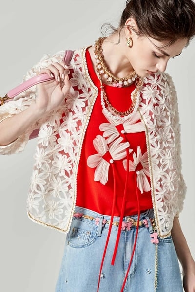 Front 3-D Floral Graphic Red Vest