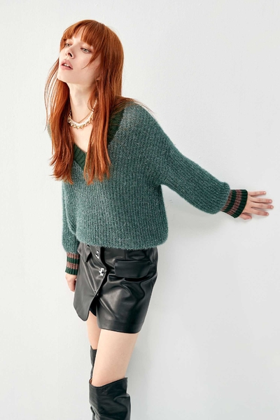 V-Neck Green Knit Top